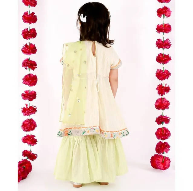 Little Bansi Girls Green Sikka work Gold strip Kurta Frock with sharara and Dupatta