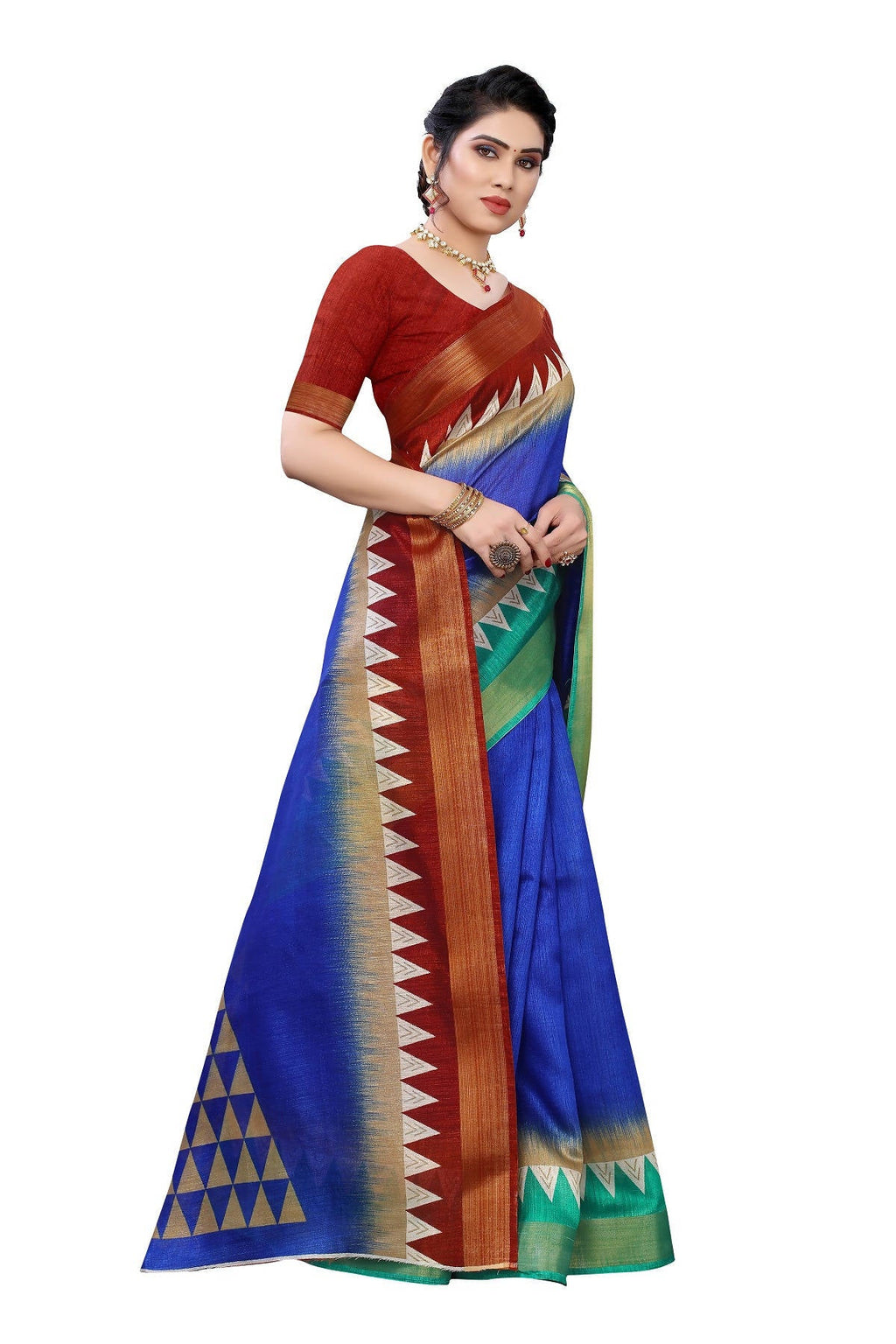 Vamika Blue & Brown Linen Jari Border Saree (GUNJAN BLUE) - Distacart