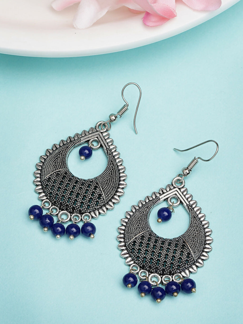 NVR Women's Silver-Plated Artificial Beads German Silver Oxidised Chandbali Earrings - Distacart