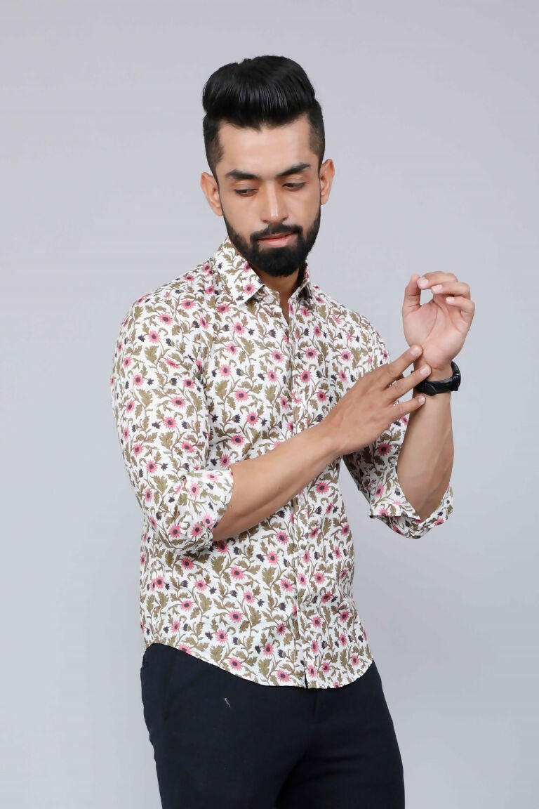 Miravan Men's Cotton Printed Full Sleeve Slim Fit Spread Neck White & Pink Colour Shirt