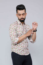 Miravan Men's Cotton Printed Full Sleeve Slim Fit Spread Neck White & Pink Colour Shirt