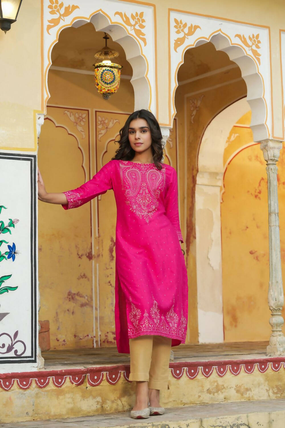 Juniper Women's Fuchsia Shanton Printed Straight Kurta - Distacart