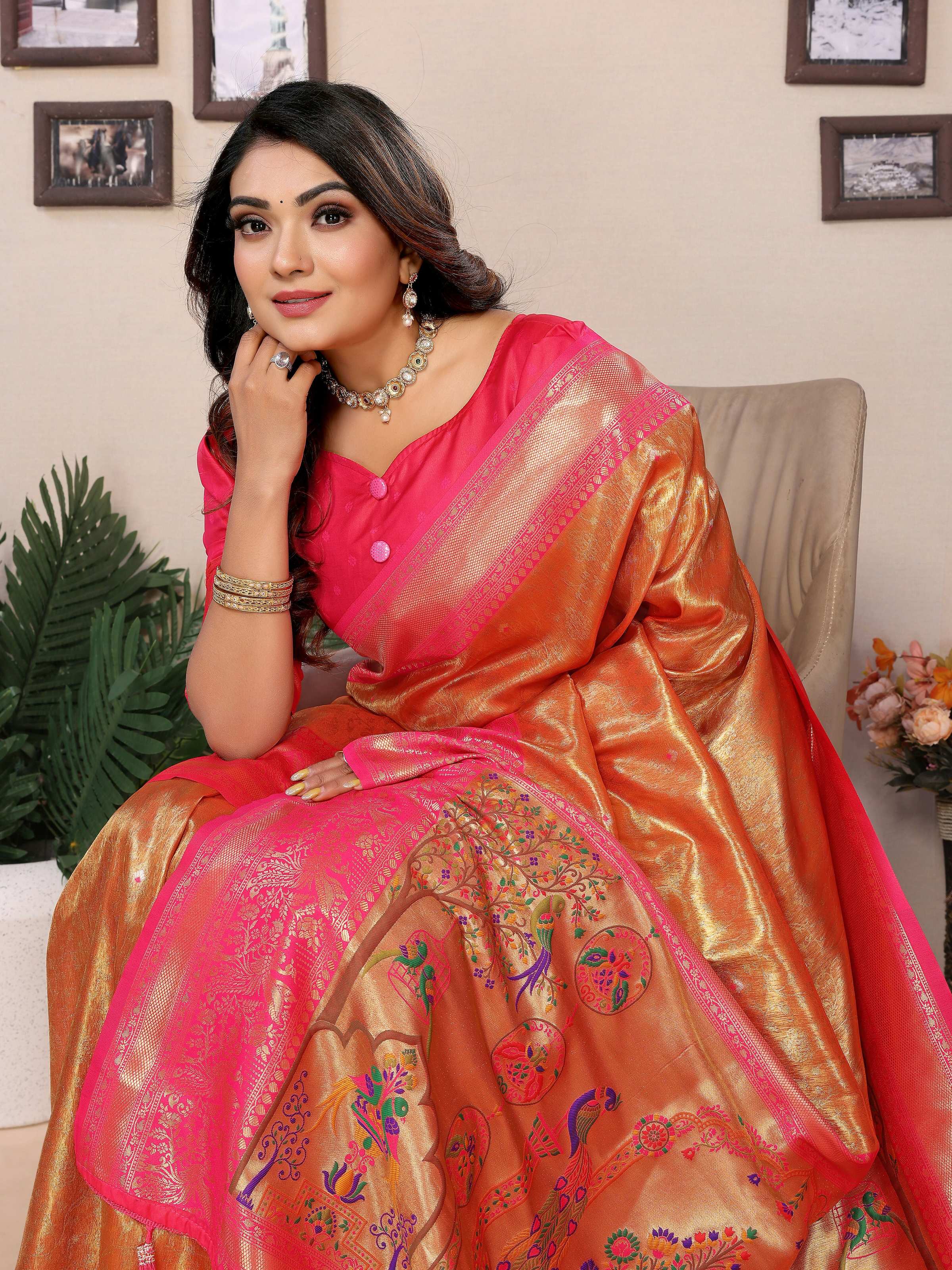 Aastha Fashion Orange Tissue Silk Weaving Saree - Distacart