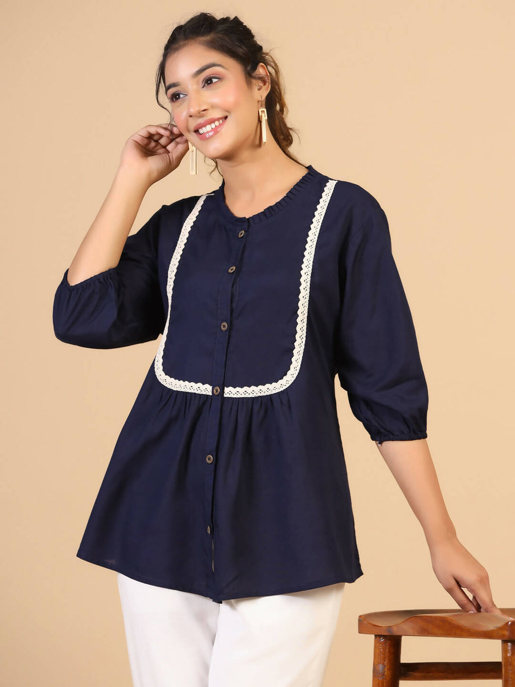 Womens Dark Blue Rayon Solid Top - Keeva