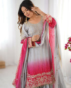 The52 Women's Beautiful Chinon silk Fabric Embroidery Work Straight Kurta Palazzo and Dupatta Set - Distacart