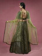 House of Panchhi Olive Georgette Sequinse Embroidered Lehenga & Blouse with Dupatta