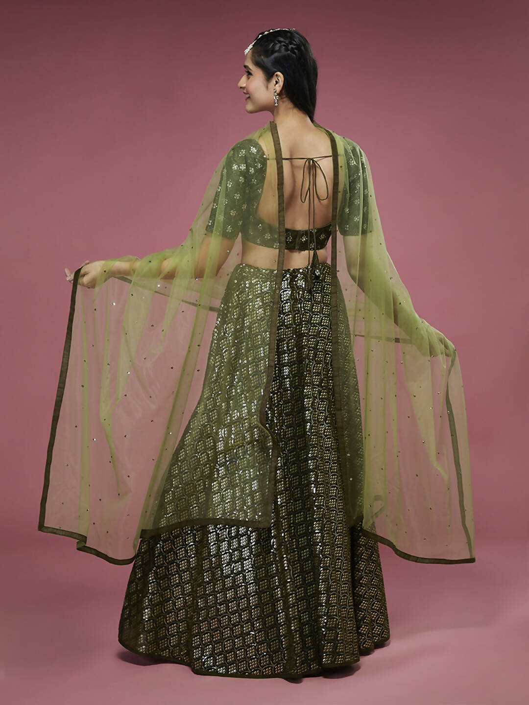 House of Panchhi Olive Georgette Sequinse Embroidered Lehenga & Blouse with Dupatta