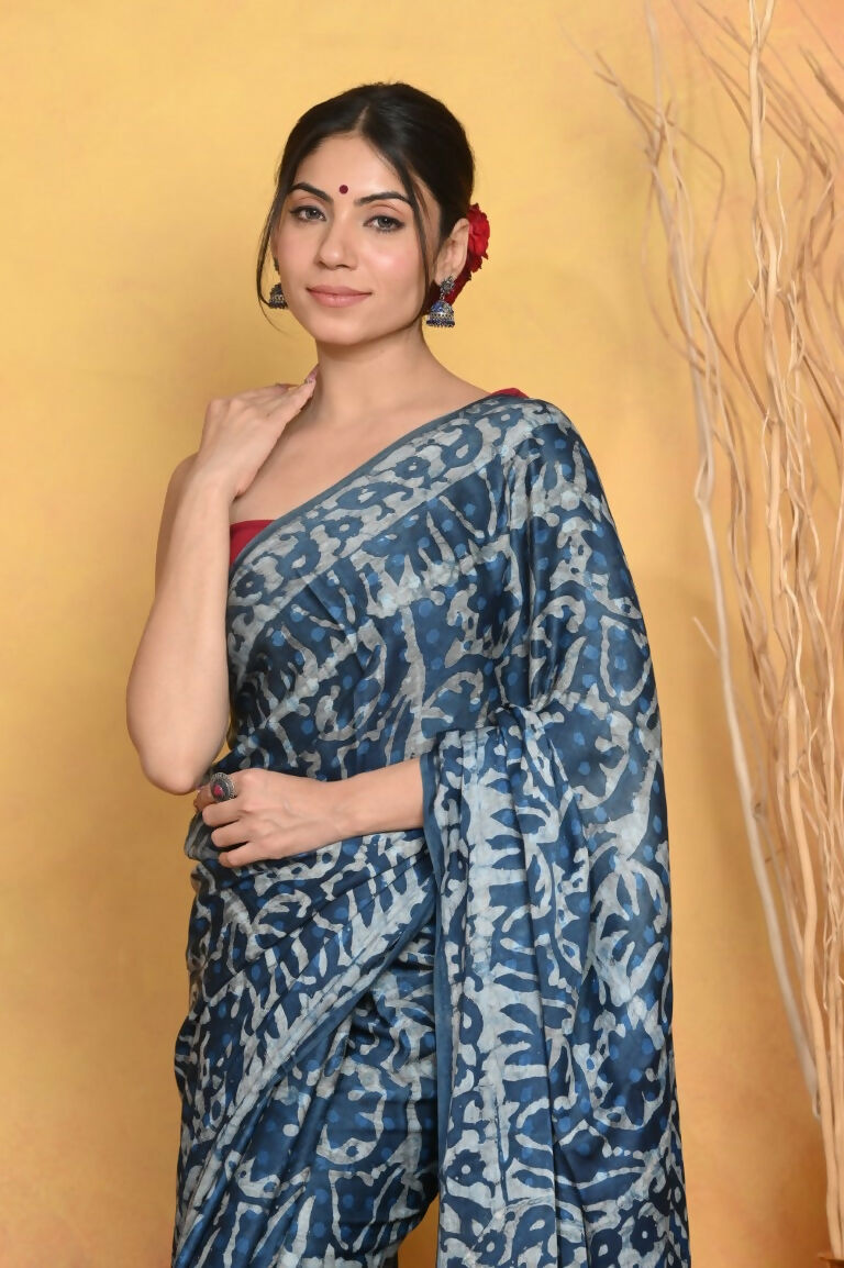 Very Much Indian Modal Silk Ajrakh Handblock Printed Natural Dyes Sleek Border Saree - Powder Blue