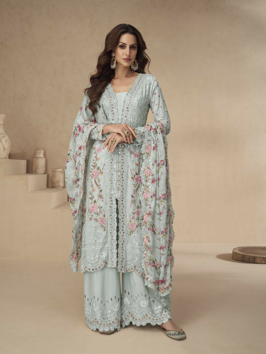 Anaita Sky-Blue Chinon Readymade Suit with Embroidery Sequence Work - Distacart