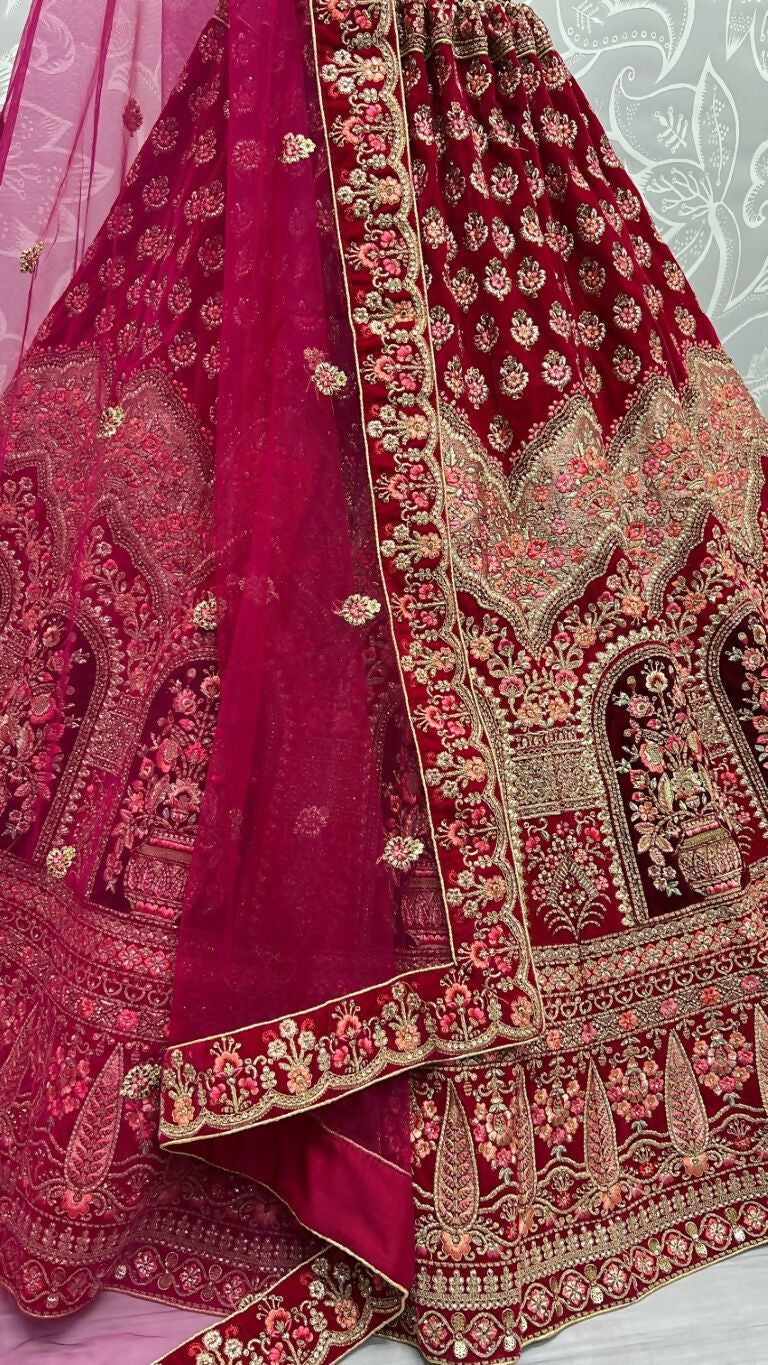 Jyoti Fashion Women's Rani Pink Velvet Multi Thread Embroidered with Zircon Diamond Wedding Lehenga Choli