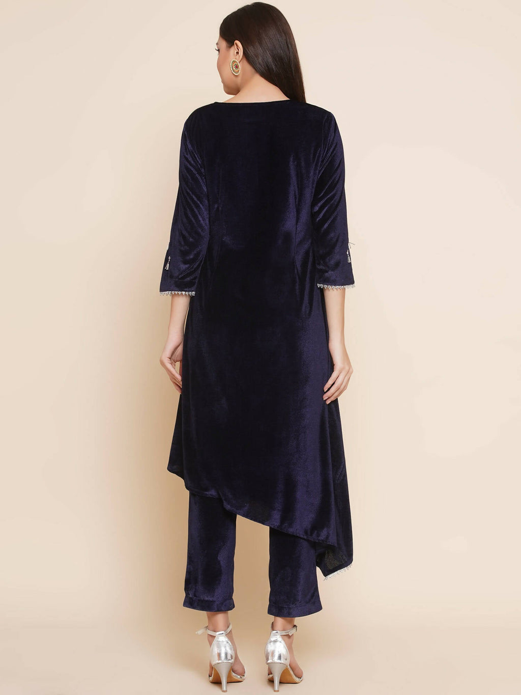 Women Republic Navy Blue Velvet Assymetrical Hand Embellished Kurta With Pants - Distacart