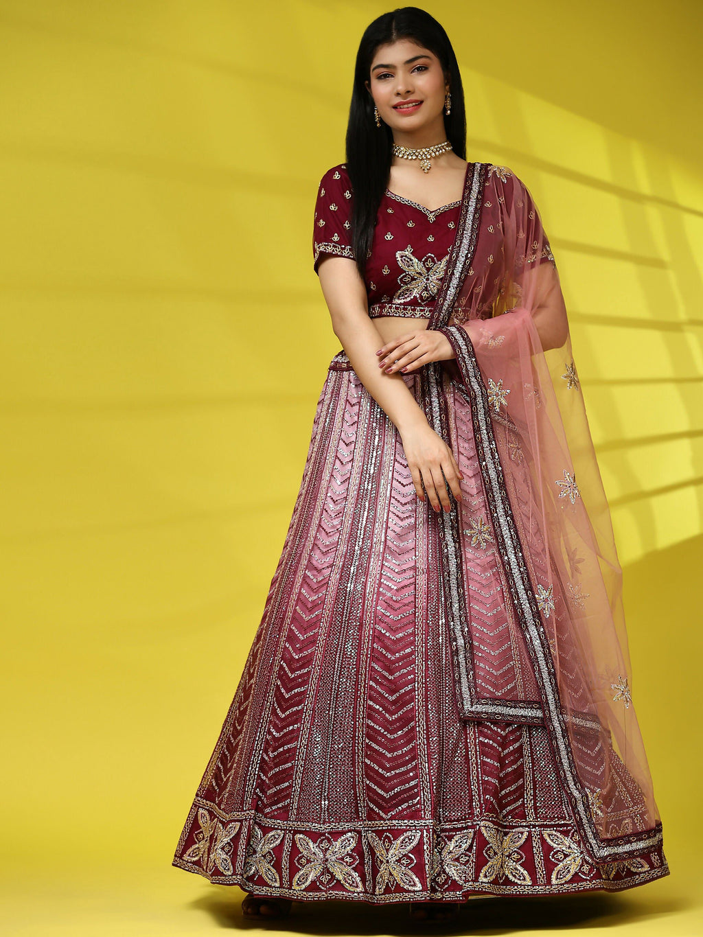 Maroon Fancy Net Sequence Embroidered Lehenga Choli with Dupatta - Dhara