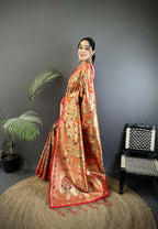 Joban Fashion Peach Floral & Leaf Motifs Soft Silk Paithani Saree - Distacart