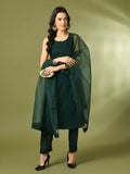 Myshka Women's Green Embroidered Cotton Straight Party Kurta Set With Dupatta