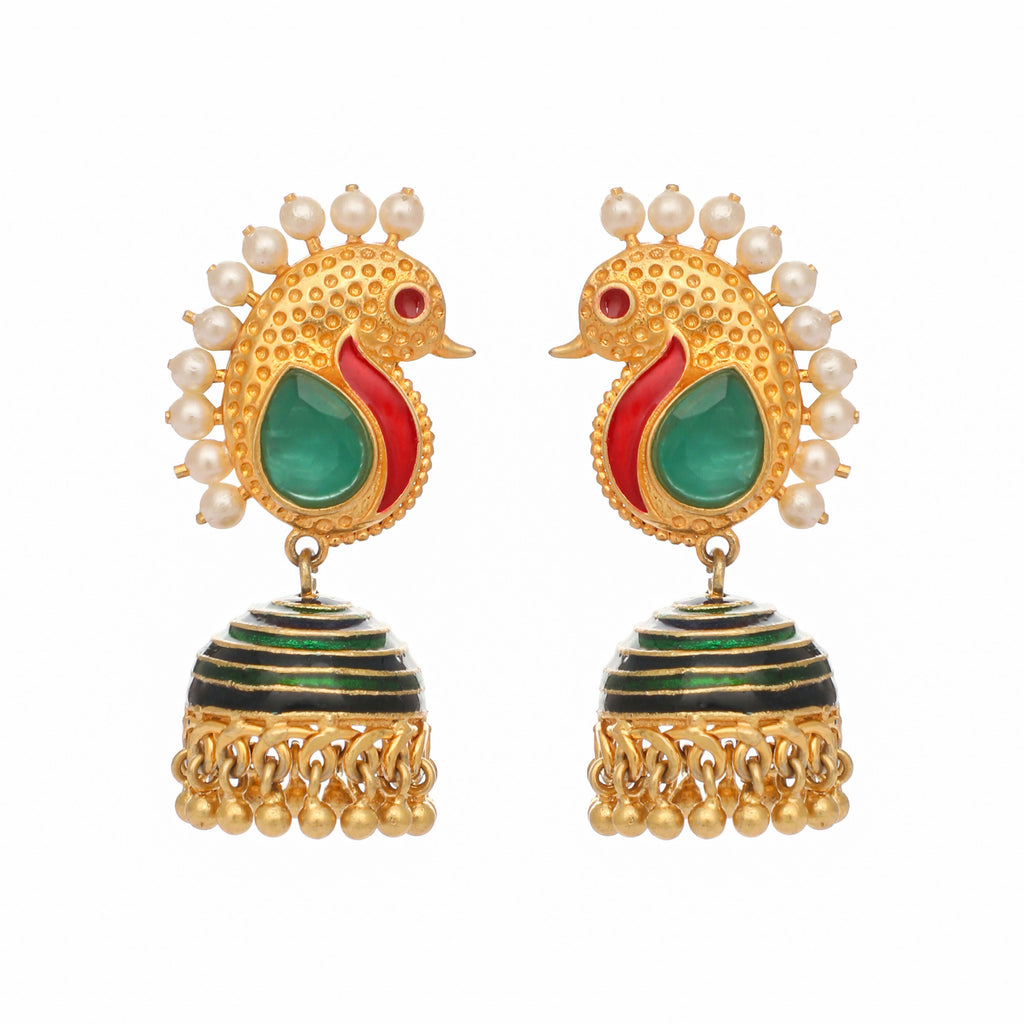 Nuyug 22K Gold Plated Pearls Studded Contemporary Shaped Enamel Jhumkas - Distacart