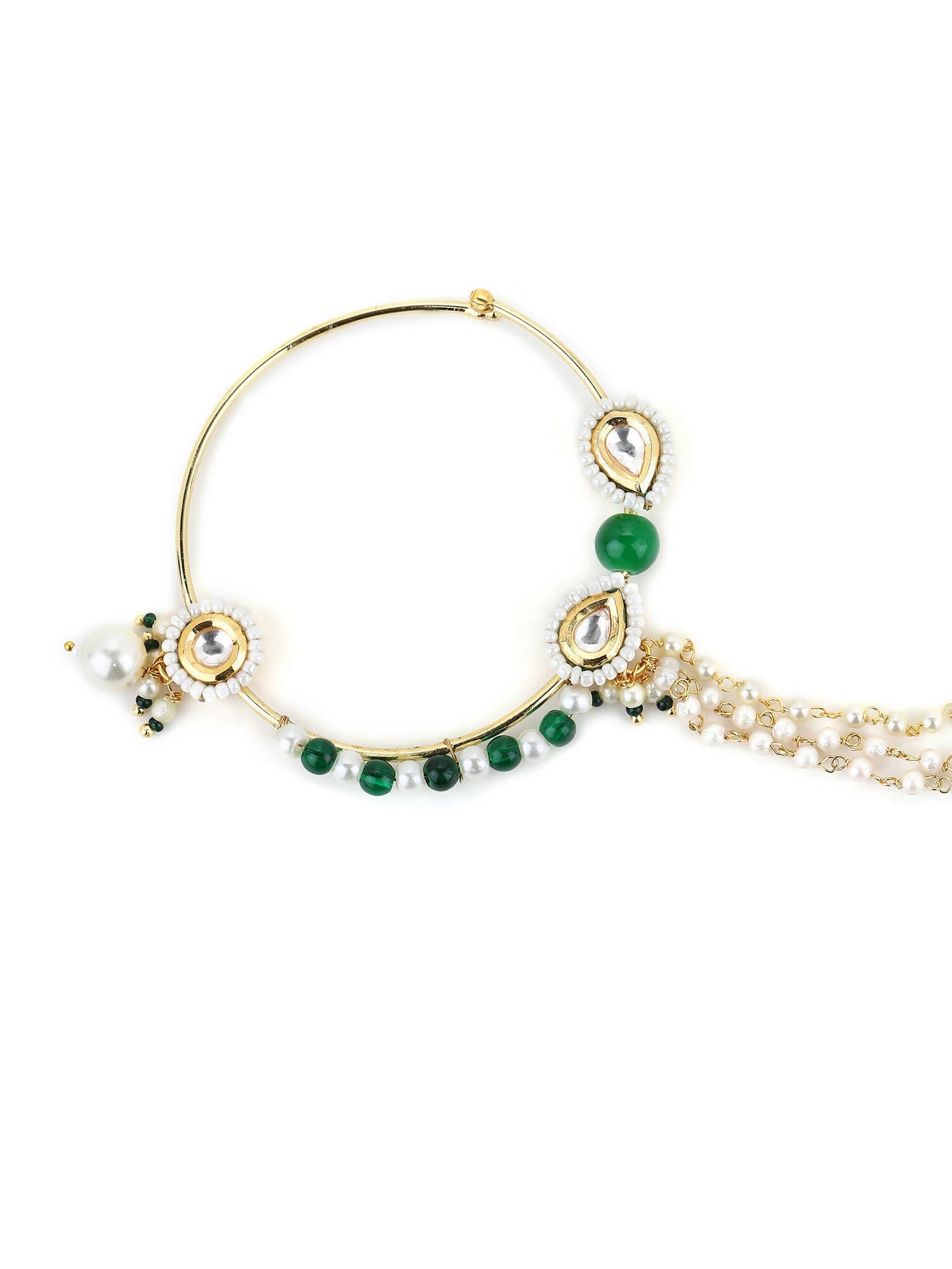 Gold-Plated White Green Kundan-Studded Pearl Beaded Nosepin - Ruby Raang - Distacart