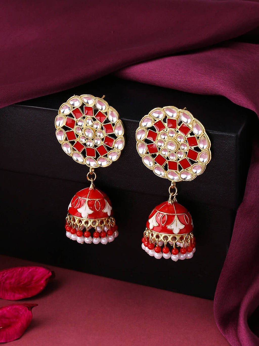 NVR Women Gold Plated Red Dome Shaped Meenkari Jhumkas Earrings - Distacart