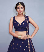 Jyoti Fashion Beautiful Navy Blue Embroidered with Mirror work Art Silk Party Wear Lehenga Choli with Dupatta