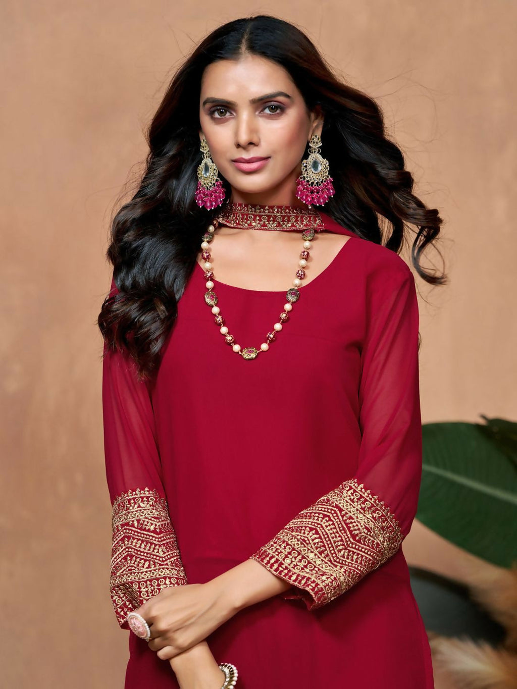 The52 Women's Beautiful Georgette Fabric Embroidery Work Straight Kurta Palazzo and Dupatta Set - Distacart