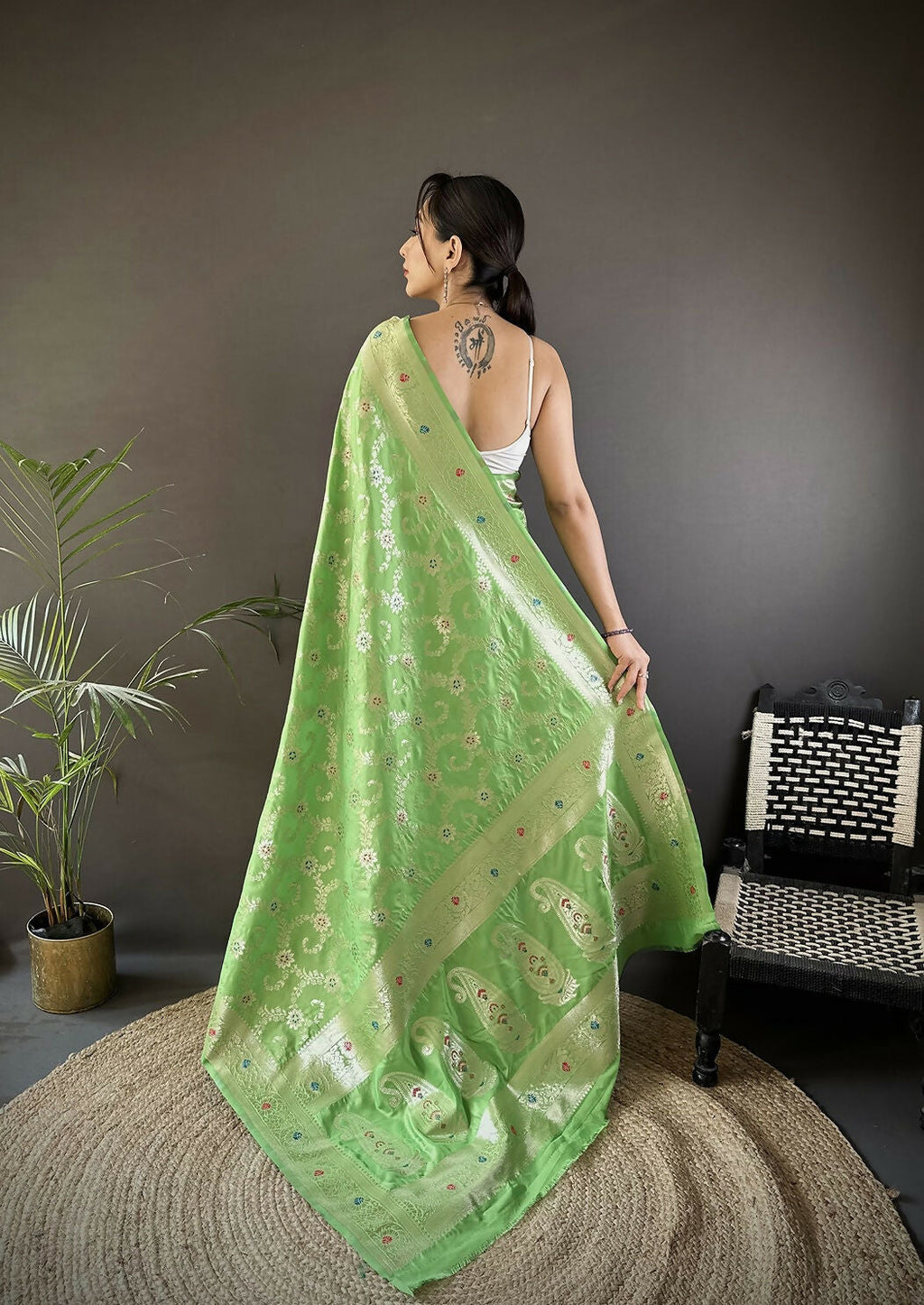 Joban Fashion Pista Green Meenakari Banarasi Silk Sarees