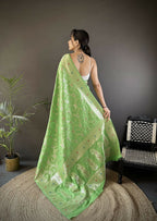 Joban Fashion Pista Green Meenakari Banarasi Silk Sarees