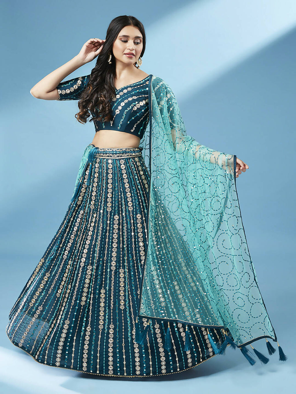 House of Panchhi Teal Pure Georgette Sequinse Work Lehenga & Blouse with Dupatta