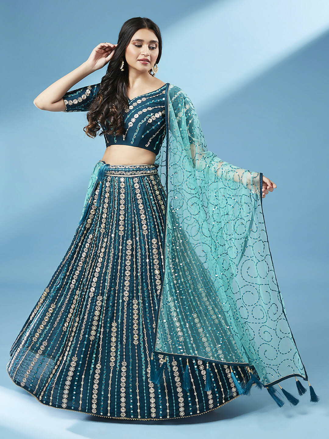 House of Panchhi Teal Pure Georgette Sequinse Work Lehenga & Blouse with Dupatta