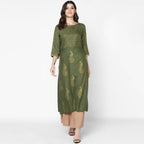 Cheera Hand Block Print Olive Green Straight Kurta (MAAI-057K)