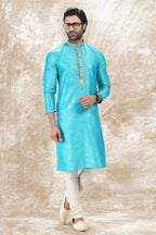 Raivat Ethnic Jacquard Silk Brocade Thread Work Kurta Pajama In Sky Blue Colour