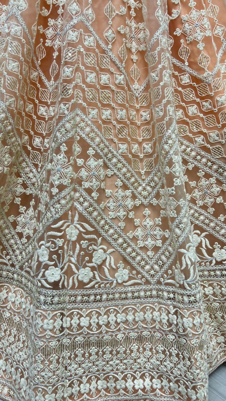 Jyoti Fashion Women's Peach Net Patterned Thread Embroidered with Sequins Wedding Lehenga Choli