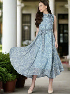 Souchii Grey Floral Chiffon Maxi Dress