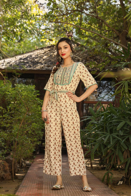 Juniper Women Ivory Rayon Printed Straight Jumpsuit