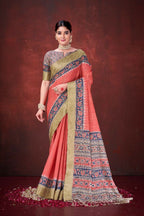Red Poly Habotai Silk Foil Print Saree with Unstitched Blouse - Kathari