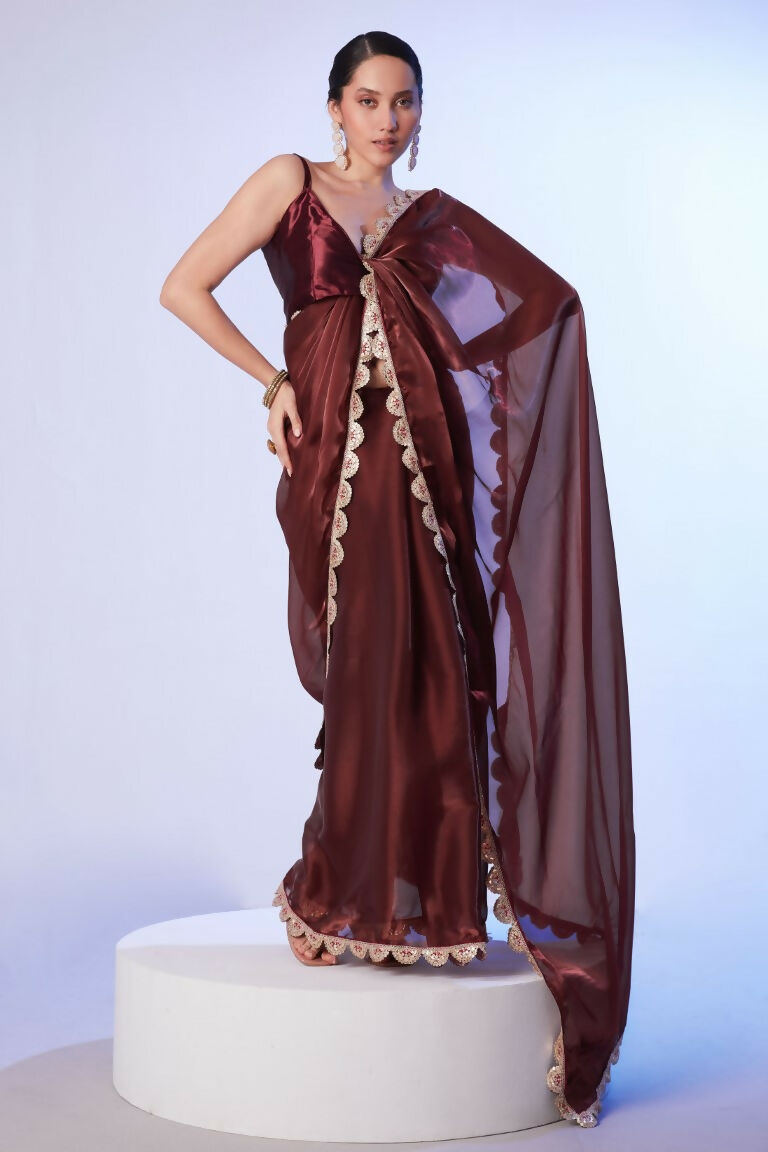 Coffee Brown Satin Solid Designer & Lace Work Saree - Samaa