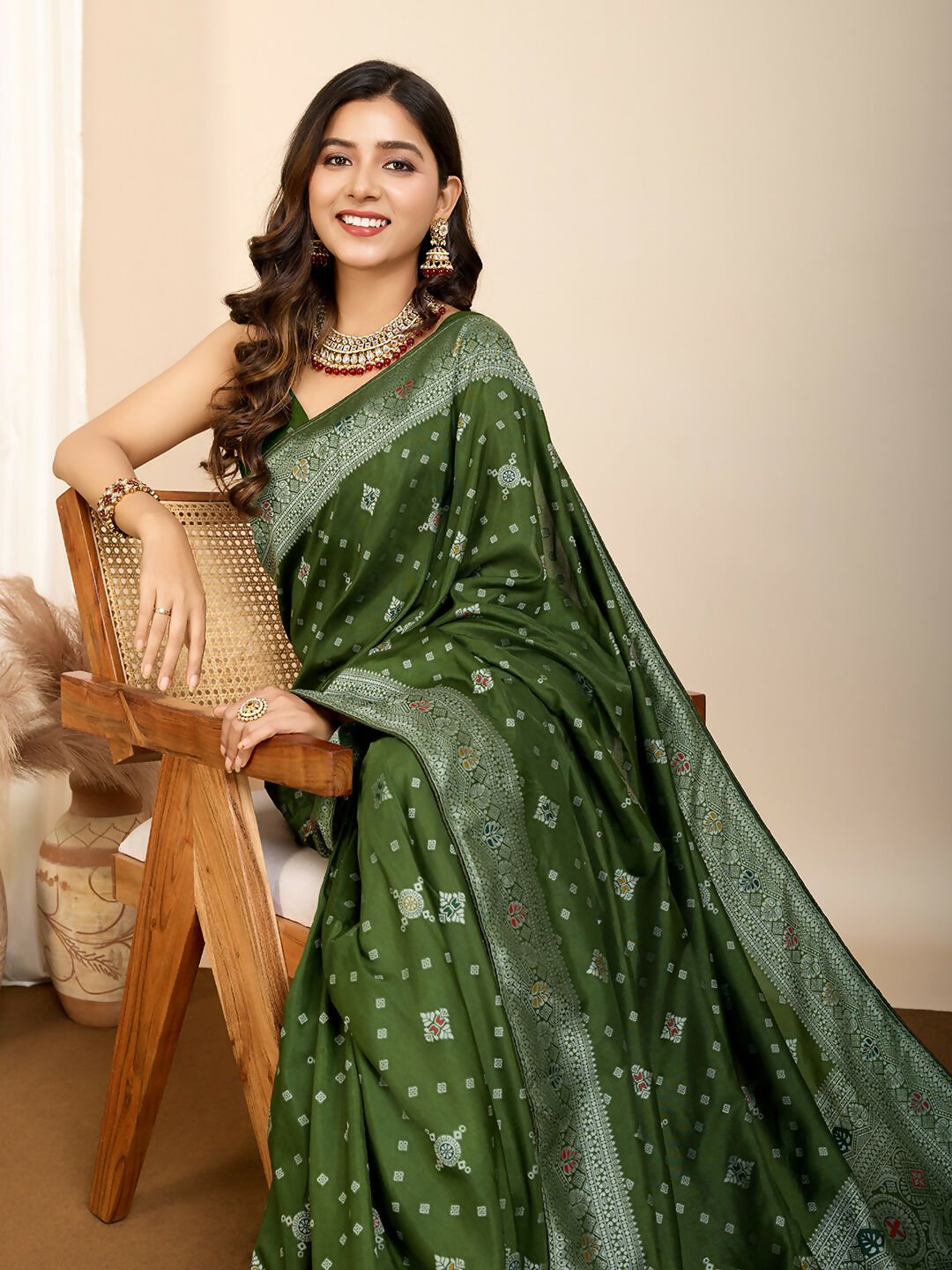 Olive Soft Silk Woven Meenakari Designer Saree - Vedanti