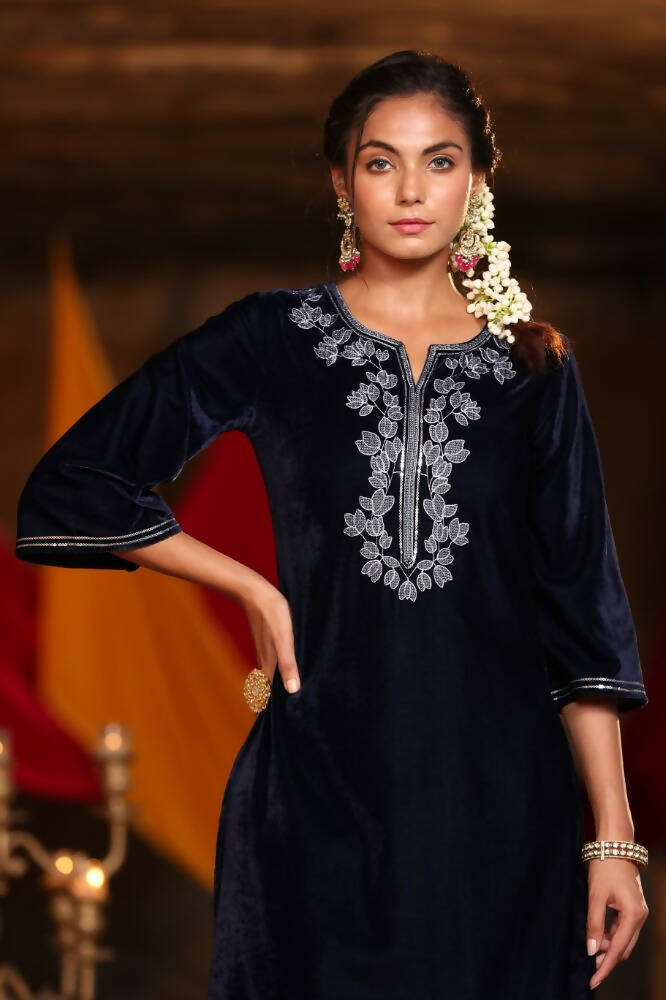 Juniper Women Navy Velvet Embroidered Straight Kurta Sets - Distacart