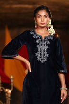 Juniper Women Navy Velvet Embroidered Straight Kurta Sets - Distacart