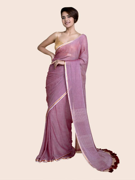 Suta Women Maroon Mul Cotton Saree With Zari Border And Ghicha Pallu