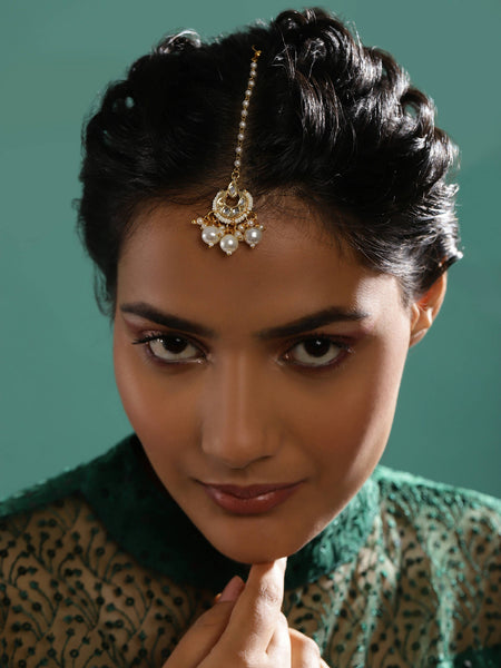 Gold-Polished White Kundan-Studded Beaded Layered Maang Tikka - Ruby Raang