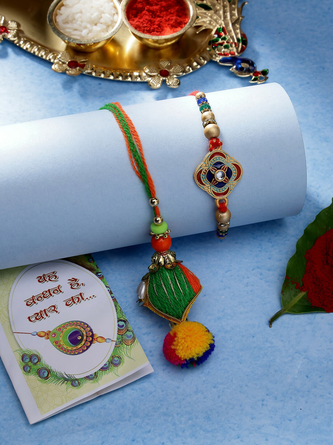 NVR Women & Men Set of 2 Multicolor Beaded Bhaiya Bhabhi Rakhi With Roli Chawal & Chocolate - Distacart
