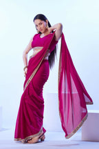 Pink Satin Chiffon Solid Designer & Lace Work Saree - Samaa