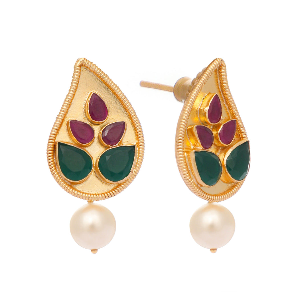 Nuyug 22K Gold Plated Emarald Stone Studded Contemporary Petal Shaped Pearl Drop Stud Earrings - Distacart