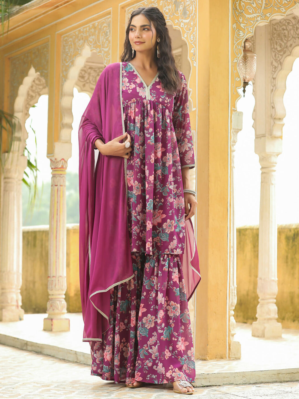 Janasya Purple Georgette Floral Kurta,Bottom & Dupatta