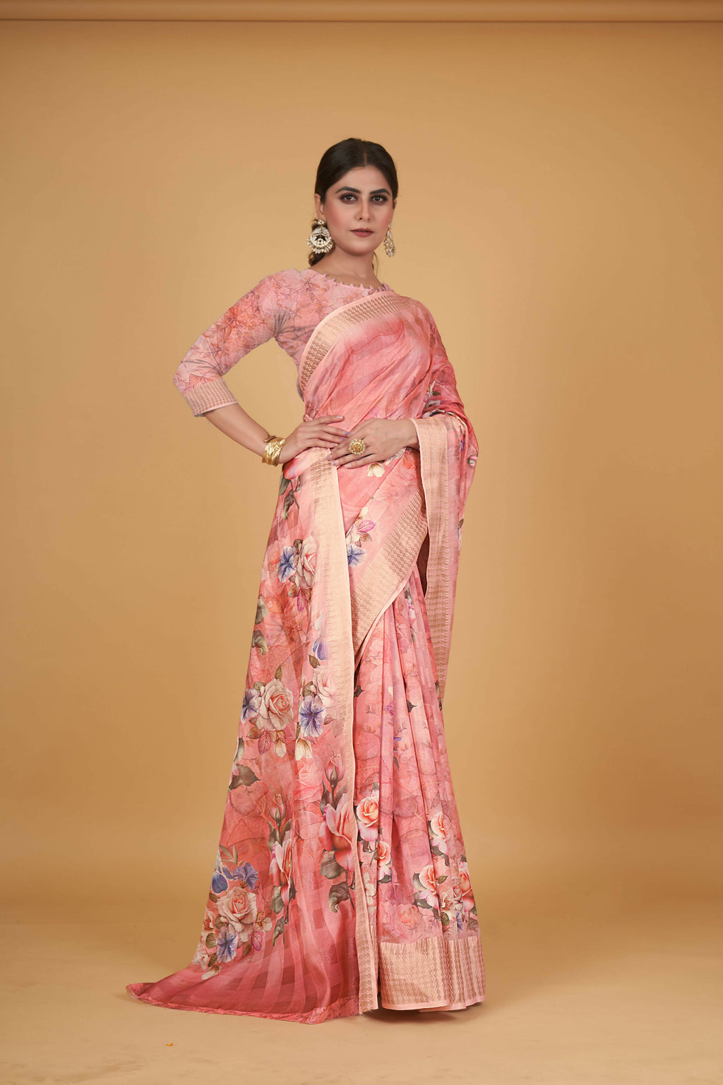Peach Cotton Silk Digital Printed Saree With Unstitched Blouse Piece - Alisha