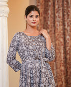Kaajh Women's Grey Ethnic Floral Hand Block Print Cotton Dress - Distacart
