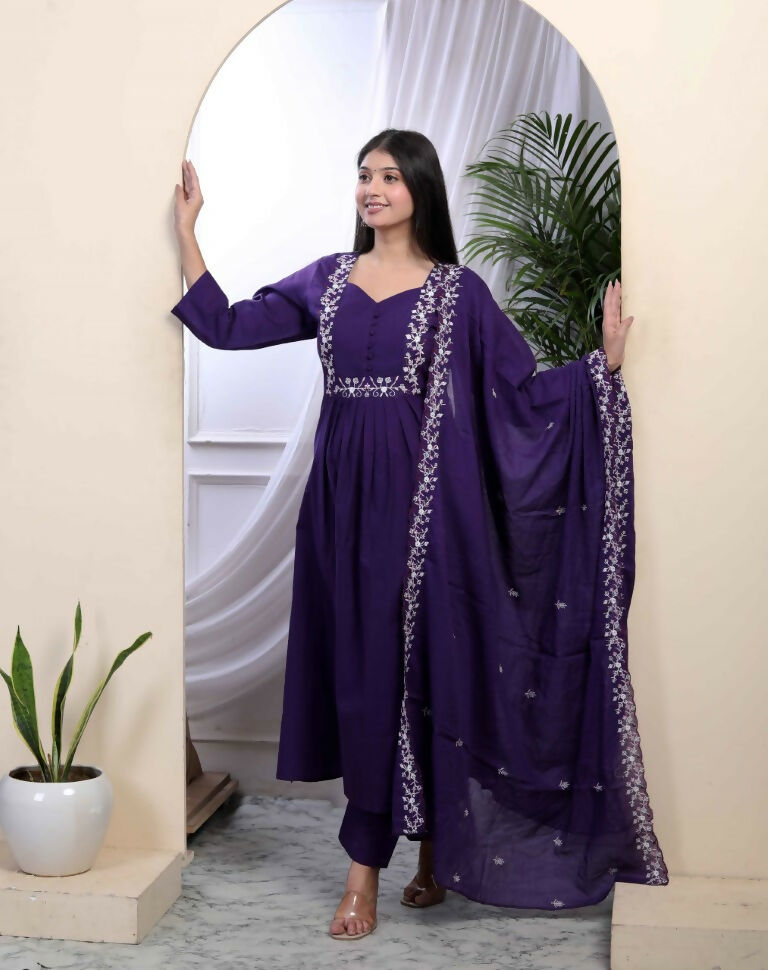 Miravan Women's Cotton Purple A-Line Kurta With Embroidered Neck And Palazzo With Embroidered Dupatta Set