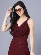 Myshka Georgette Solid Sleeveless Shoulder Straps Maroon Women Dress - Distacart