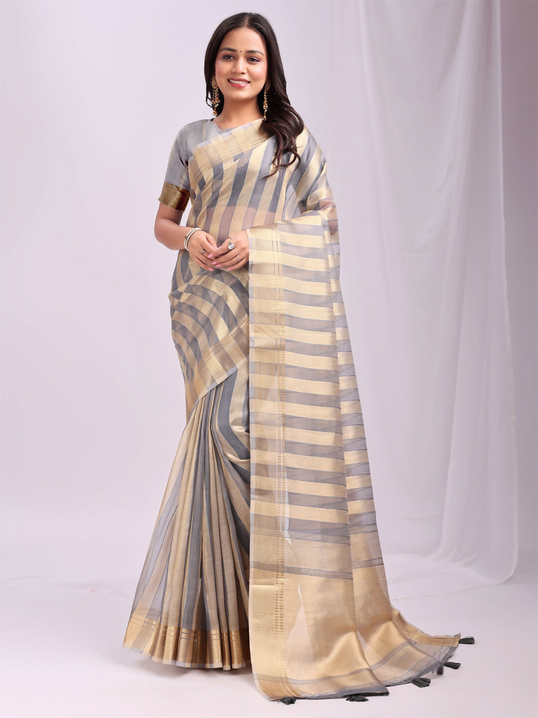 Shree Shyam Fashion Organza Grey Saree - Distacart