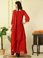Myshka Women's Red Georgette Kurta & Skirt With Dupatta Party Sets