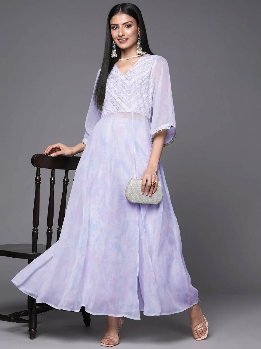 Ahalyaa Lavender & White Floral Printed High Slit Sequined Kurta with Palazzos - Distacart